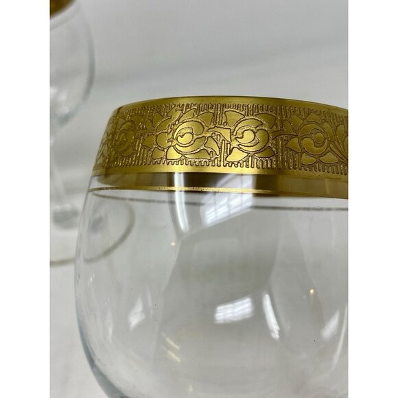 Set Of 6 Vintage MCM Double Gold Banded Wine Glasses Hexagonal Stems Plaza NYC - Picture 6 of 13